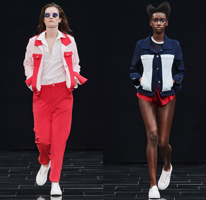 Ida Klamborn 2017 Spring Summer Womens Runway Catwalk Looks - Fashion Week Stockholm Sweden - Casual Sneakers Blouse Mom Jeans Denim Mesh Fishnet Frayed Raw Hem Noodle Spaghetti Strap Outerwear Coat Shearling Parka Raincoat Nylon Drawstring Trucker Jacket Colorblock Dolphin Hem Shorts Flap Pockets Miniskirt Sweater Jumper Pullover Cropped Pants Strip Hem