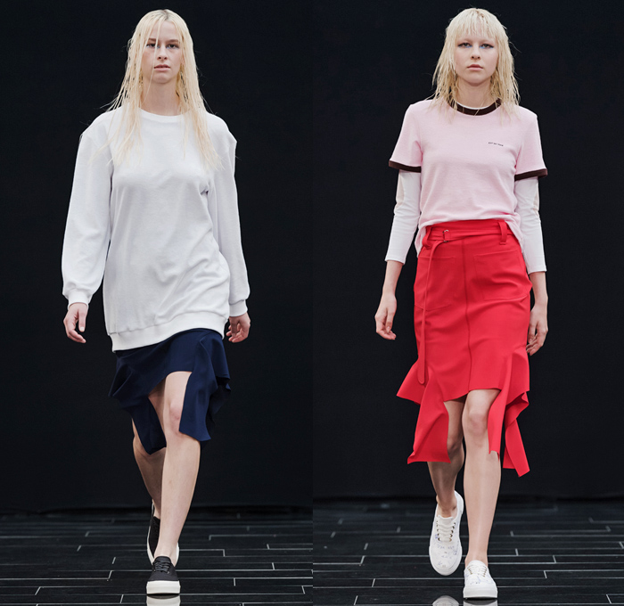 Ida Klamborn 2017 Spring Summer Womens Runway Catwalk Looks - Fashion Week Stockholm Sweden - Casual Sneakers Blouse Mom Jeans Denim Mesh Fishnet Frayed Raw Hem Noodle Spaghetti Strap Outerwear Coat Shearling Parka Raincoat Nylon Drawstring Trucker Jacket Colorblock Dolphin Hem Shorts Flap Pockets Miniskirt Sweater Jumper Pullover Cropped Pants Strip Hem