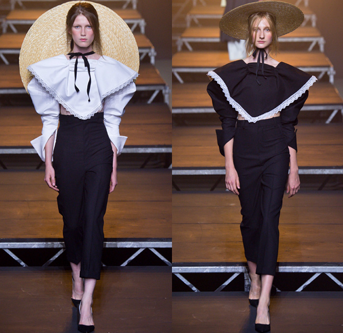 Jacquemus 2017 Spring Summer Womens Runway Catwalk Looks - Mode à Paris Fashion Week Mode Féminin France - Les Santons De Provence Folk Oversized Frankenstein Padded Football Shoulders Leg O'Mutton Bloated Sleeves Triangle Top Wide Leg Trousers Palazzo Pants V-Neck Crop Top Midriff Blouse Boxy Ruffles Skirt Frock Layers High Slit Tiered Lace Sheer Chiffon Tulle Kimono Wrap Plaid Check Shirtdress Pantsuit Vest Waistcoat Outerwear Jacket Blazer Pinstripe Polka Dots Bandage Straw Hat