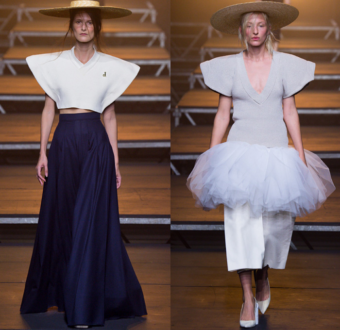 Jacquemus 2017 Spring Summer Womens Runway Catwalk Looks - Mode à Paris Fashion Week Mode Féminin France - Les Santons De Provence Folk Oversized Frankenstein Padded Football Shoulders Leg O'Mutton Bloated Sleeves Triangle Top Wide Leg Trousers Palazzo Pants V-Neck Crop Top Midriff Blouse Boxy Ruffles Skirt Frock Layers High Slit Tiered Lace Sheer Chiffon Tulle Kimono Wrap Plaid Check Shirtdress Pantsuit Vest Waistcoat Outerwear Jacket Blazer Pinstripe Polka Dots Bandage Straw Hat