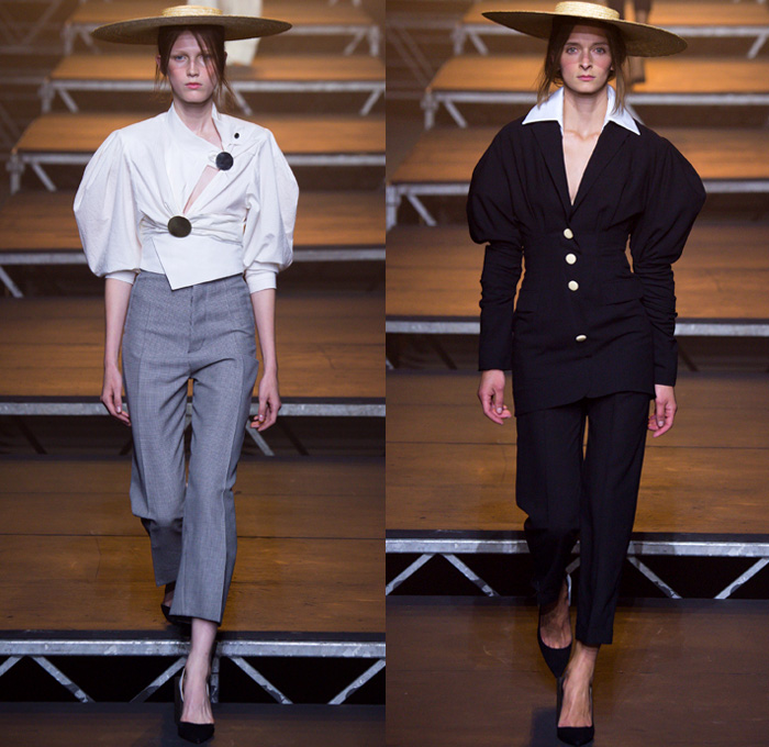 Jacquemus 2017 Spring Summer Womens Runway Catwalk Looks - Mode à Paris Fashion Week Mode Féminin France - Les Santons De Provence Folk Oversized Frankenstein Padded Football Shoulders Leg O'Mutton Bloated Sleeves Triangle Top Wide Leg Trousers Palazzo Pants V-Neck Crop Top Midriff Blouse Boxy Ruffles Skirt Frock Layers High Slit Tiered Lace Sheer Chiffon Tulle Kimono Wrap Plaid Check Shirtdress Pantsuit Vest Waistcoat Outerwear Jacket Blazer Pinstripe Polka Dots Bandage Straw Hat