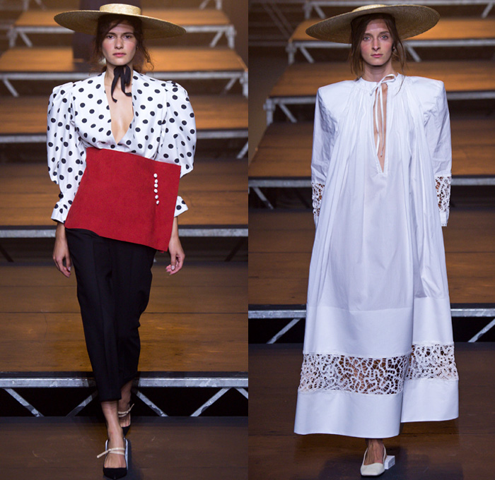 Jacquemus 2017 Spring Summer Womens Runway Catwalk Looks - Mode à Paris Fashion Week Mode Féminin France - Les Santons De Provence Folk Oversized Frankenstein Padded Football Shoulders Leg O'Mutton Bloated Sleeves Triangle Top Wide Leg Trousers Palazzo Pants V-Neck Crop Top Midriff Blouse Boxy Ruffles Skirt Frock Layers High Slit Tiered Lace Sheer Chiffon Tulle Kimono Wrap Plaid Check Shirtdress Pantsuit Vest Waistcoat Outerwear Jacket Blazer Pinstripe Polka Dots Bandage Straw Hat