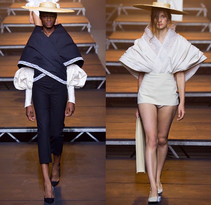 Jacquemus 2017 Spring Summer Womens Runway Catwalk Looks - Mode à Paris Fashion Week Mode Féminin France - Les Santons De Provence Folk Oversized Frankenstein Padded Football Shoulders Leg O'Mutton Bloated Sleeves Triangle Top Wide Leg Trousers Palazzo Pants V-Neck Crop Top Midriff Blouse Boxy Ruffles Skirt Frock Layers High Slit Tiered Lace Sheer Chiffon Tulle Kimono Wrap Plaid Check Shirtdress Pantsuit Vest Waistcoat Outerwear Jacket Blazer Pinstripe Polka Dots Bandage Straw Hat