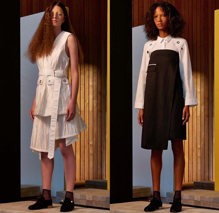 Ji Oh 2017 Spring Summer Womens Lookbook Presentation - New York Fashion Week - Deconstructed Oxford Shirt Cutout Waist Grommets Fringes Flapper Dress Skirt Frock Halterneck Tiered Angular Handkerchief Asymmetrical Hem One Shoulder Shirtdress Popover Blouse Long Sleeve Shirt Slouchy Pants Buttons Cinch Ruffles Stripes Slit Drawstring Mesh Fishnet Wrapped Shoes Footwear Boots