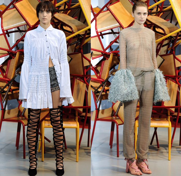 Jourden 2017 Spring Summer Womens Lookbook Presentation - Anais-Jourden Mak Chun Ting - Mode à Paris Fashion Week Mode Féminin France - Paisley Ornamental Print Decorative Art Embroidery Adorned Bedazzled Metallic Studs Skirt Frock Cinch Shirtdress Furry Mesh Fishnet Sheer Chiffon Wide Bell Sleeves Ruffles Fringes Crop Top Midriff Dress Pleats Stripes Embossed Jacquard Cross Halterneck Outerwear Coatdress Wrinkled Crinkle Tie Up Jean Trucker Jacket Shorts Gladiator Heels Lace Up Shoes Footwear