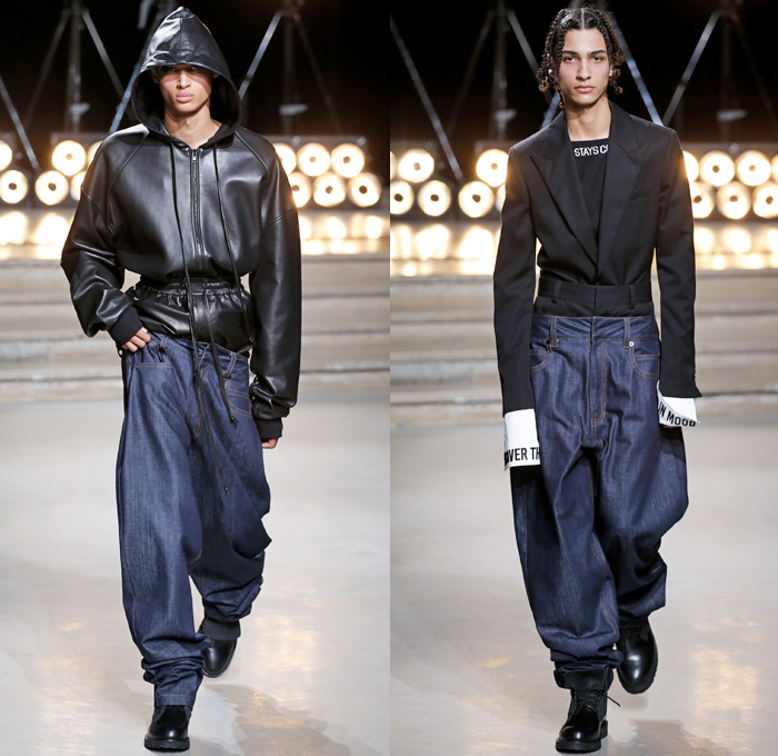 Juun.J 2017 Spring Summer Mens Runway Catwalk Looks - Mode à Paris Fashion Week Mode Masculine France - G Suit Gravity Webbing Ripcord Drawstring Covered Denim Jeans Hoodie Sweatshirt Leather Slouchy Baggy Loose Cinch Waist Blazer Elongated Sleeves Layers Knitwear Jumper Sweater Outerwear Coat Bomber Jacket Slim Long Shirt Cargo Pockets Pinstripe Suit Parachute