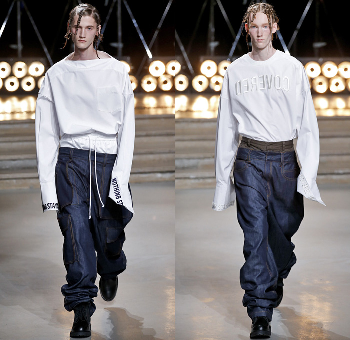 Juun.J 2017 Spring Summer Mens Runway Catwalk Looks - Mode à Paris Fashion Week Mode Masculine France - G Suit Gravity Webbing Ripcord Drawstring Covered Denim Jeans Hoodie Sweatshirt Leather Slouchy Baggy Loose Cinch Waist Blazer Elongated Sleeves Layers Knitwear Jumper Sweater Outerwear Coat Bomber Jacket Slim Long Shirt Cargo Pockets Pinstripe Suit Parachute