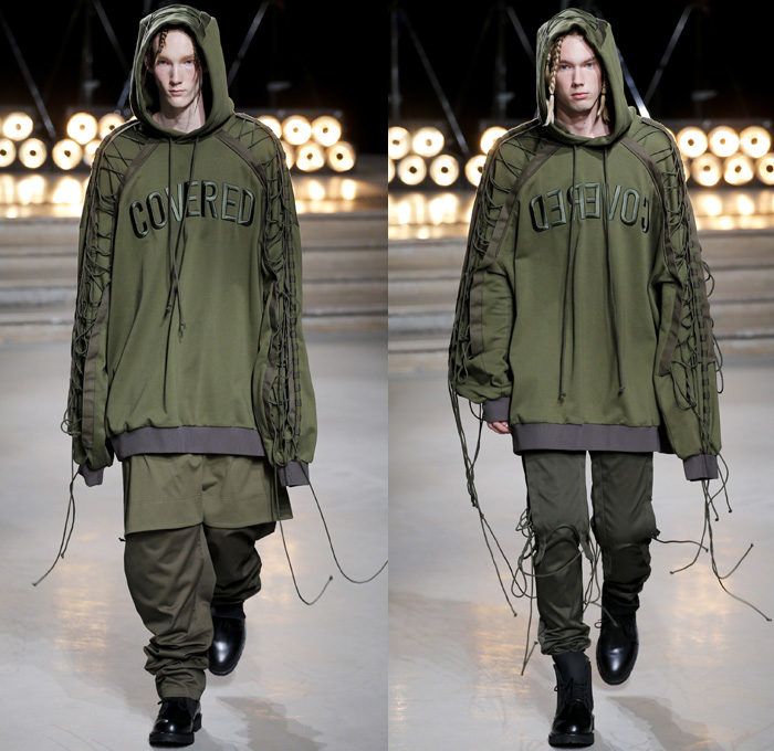 Juun.J 2017 Spring Summer Mens Runway Catwalk Looks - Mode à Paris Fashion Week Mode Masculine France - G Suit Gravity Webbing Ripcord Drawstring Covered Denim Jeans Hoodie Sweatshirt Leather Slouchy Baggy Loose Cinch Waist Blazer Elongated Sleeves Layers Knitwear Jumper Sweater Outerwear Coat Bomber Jacket Slim Long Shirt Cargo Pockets Pinstripe Suit Parachute