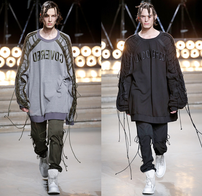 Juun.J 2017 Spring Summer Mens Runway Catwalk Looks - Mode à Paris Fashion Week Mode Masculine France - G Suit Gravity Webbing Ripcord Drawstring Covered Denim Jeans Hoodie Sweatshirt Leather Slouchy Baggy Loose Cinch Waist Blazer Elongated Sleeves Layers Knitwear Jumper Sweater Outerwear Coat Bomber Jacket Slim Long Shirt Cargo Pockets Pinstripe Suit Parachute