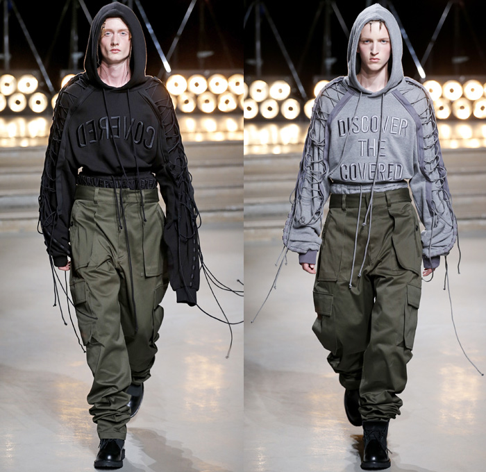 Juun.J 2017 Spring Summer Mens Runway Catwalk Looks - Mode à Paris Fashion Week Mode Masculine France - G Suit Gravity Webbing Ripcord Drawstring Covered Denim Jeans Hoodie Sweatshirt Leather Slouchy Baggy Loose Cinch Waist Blazer Elongated Sleeves Layers Knitwear Jumper Sweater Outerwear Coat Bomber Jacket Slim Long Shirt Cargo Pockets Pinstripe Suit Parachute