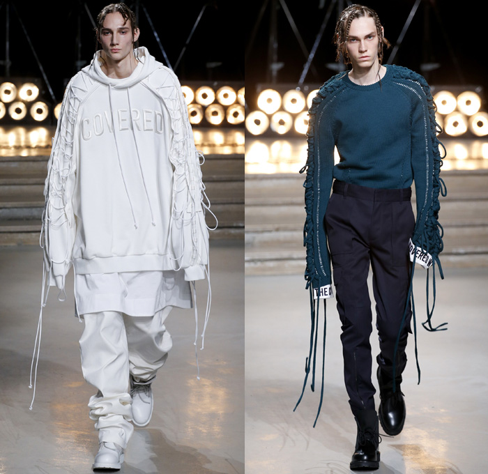 Juun.J 2017 Spring Summer Mens Runway Catwalk Looks - Mode à Paris Fashion Week Mode Masculine France - G Suit Gravity Webbing Ripcord Drawstring Covered Denim Jeans Hoodie Sweatshirt Leather Slouchy Baggy Loose Cinch Waist Blazer Elongated Sleeves Layers Knitwear Jumper Sweater Outerwear Coat Bomber Jacket Slim Long Shirt Cargo Pockets Pinstripe Suit Parachute