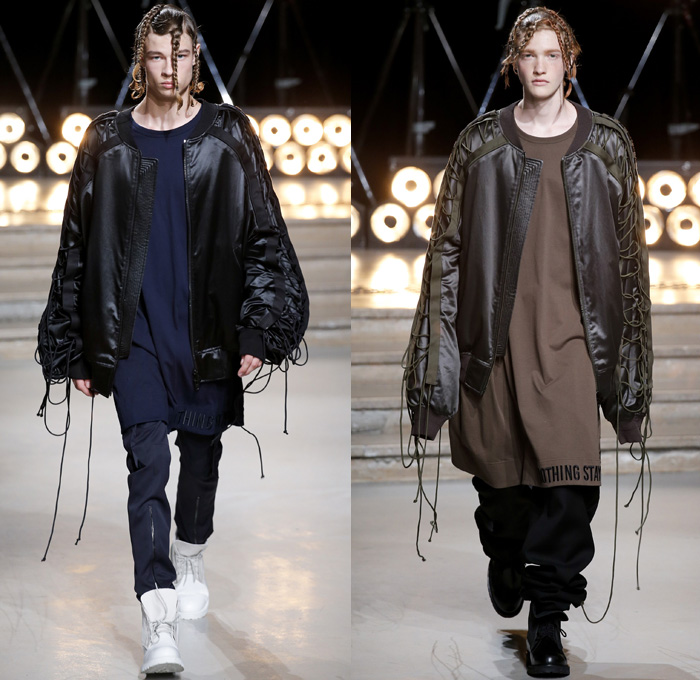 Juun.J 2017 Spring Summer Mens Runway Catwalk Looks - Mode à Paris Fashion Week Mode Masculine France - G Suit Gravity Webbing Ripcord Drawstring Covered Denim Jeans Hoodie Sweatshirt Leather Slouchy Baggy Loose Cinch Waist Blazer Elongated Sleeves Layers Knitwear Jumper Sweater Outerwear Coat Bomber Jacket Slim Long Shirt Cargo Pockets Pinstripe Suit Parachute