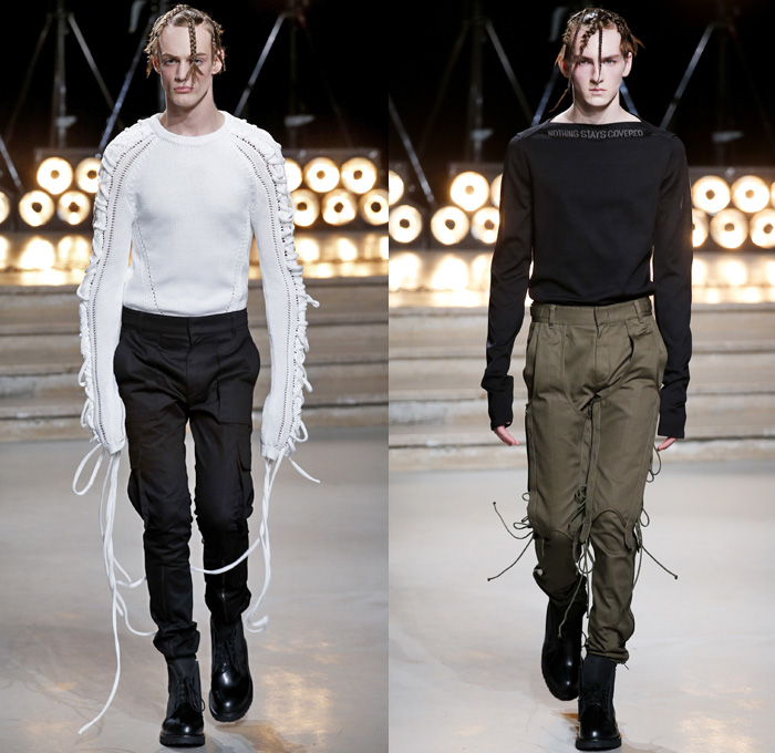 Juun.J 2017 Spring Summer Mens Runway Catwalk Looks - Mode à Paris Fashion Week Mode Masculine France - G Suit Gravity Webbing Ripcord Drawstring Covered Denim Jeans Hoodie Sweatshirt Leather Slouchy Baggy Loose Cinch Waist Blazer Elongated Sleeves Layers Knitwear Jumper Sweater Outerwear Coat Bomber Jacket Slim Long Shirt Cargo Pockets Pinstripe Suit Parachute