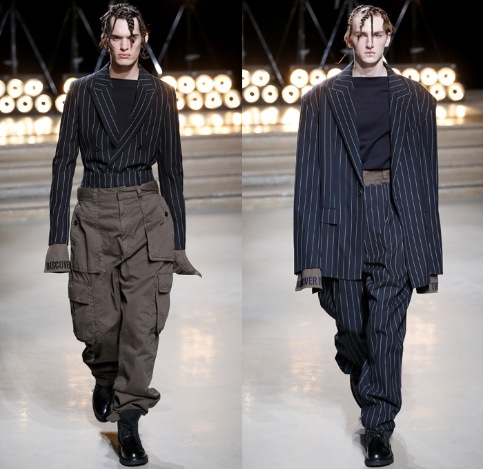 Juun.J 2017 Spring Summer Mens Runway Catwalk Looks - Mode à Paris Fashion Week Mode Masculine France - G Suit Gravity Webbing Ripcord Drawstring Covered Denim Jeans Hoodie Sweatshirt Leather Slouchy Baggy Loose Cinch Waist Blazer Elongated Sleeves Layers Knitwear Jumper Sweater Outerwear Coat Bomber Jacket Slim Long Shirt Cargo Pockets Pinstripe Suit Parachute