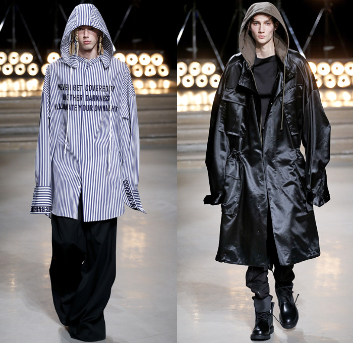 Juun.J 2017 Spring Summer Mens Runway Catwalk Looks - Mode à Paris Fashion Week Mode Masculine France - G Suit Gravity Webbing Ripcord Drawstring Covered Denim Jeans Hoodie Sweatshirt Leather Slouchy Baggy Loose Cinch Waist Blazer Elongated Sleeves Layers Knitwear Jumper Sweater Outerwear Coat Bomber Jacket Slim Long Shirt Cargo Pockets Pinstripe Suit Parachute