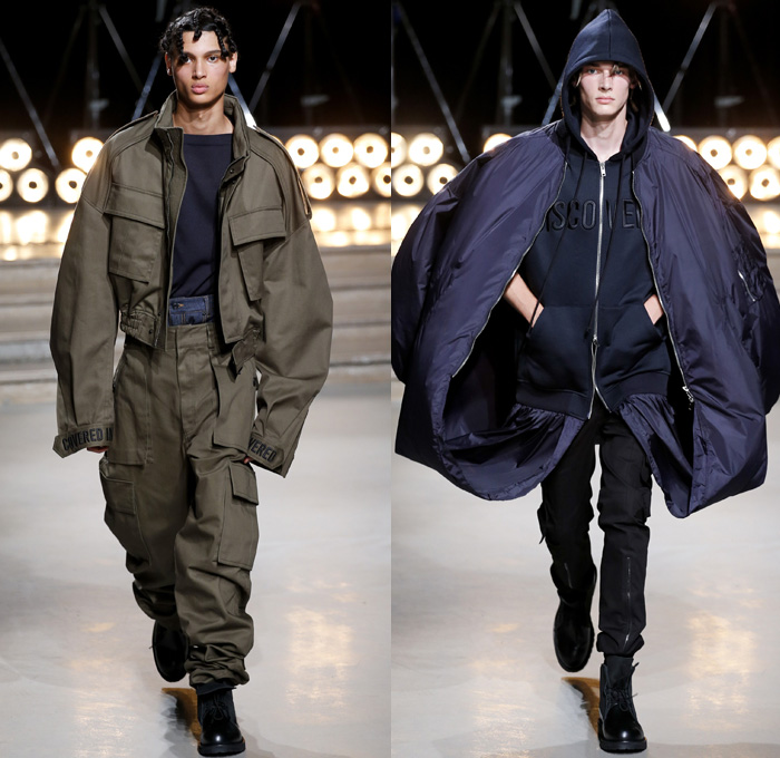 Juun.J 2017 Spring Summer Mens Runway Catwalk Looks - Mode à Paris Fashion Week Mode Masculine France - G Suit Gravity Webbing Ripcord Drawstring Covered Denim Jeans Hoodie Sweatshirt Leather Slouchy Baggy Loose Cinch Waist Blazer Elongated Sleeves Layers Knitwear Jumper Sweater Outerwear Coat Bomber Jacket Slim Long Shirt Cargo Pockets Pinstripe Suit Parachute