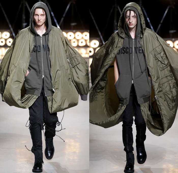 Juun.J 2017 Spring Summer Mens Runway Catwalk Looks - Mode à Paris Fashion Week Mode Masculine France - G Suit Gravity Webbing Ripcord Drawstring Covered Denim Jeans Hoodie Sweatshirt Leather Slouchy Baggy Loose Cinch Waist Blazer Elongated Sleeves Layers Knitwear Jumper Sweater Outerwear Coat Bomber Jacket Slim Long Shirt Cargo Pockets Pinstripe Suit Parachute