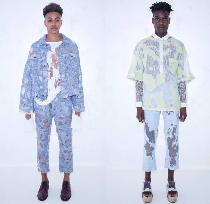 Ka Wa Key Chow 2017 Spring Summer Mens Lookbook Presentation - London Collections Men British UK United Kingdom - Frayed Raw Hem Sheer Chiffon Knit Weave See Through Destroyed Ripped Distressed Tattered Outerwear Jean Trucker Jacket Cropped Pants Brogues Mesh Net Perforated Shirt Long Sleeve Sandals Silk Wide Leg Trousers Palazzo Pants Hooded Sweatshirt
