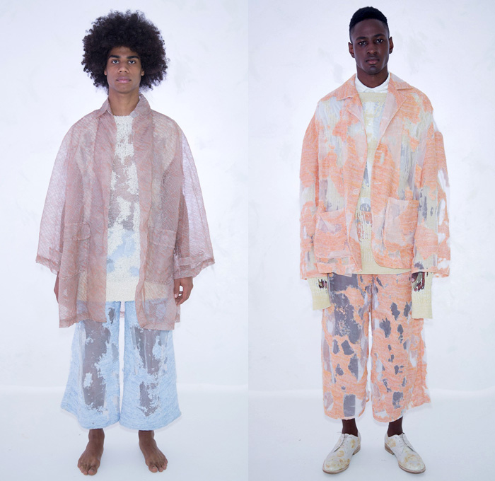 Ka Wa Key Chow 2017 Spring Summer Mens Lookbook Presentation - London Collections Men British UK United Kingdom - Frayed Raw Hem Sheer Chiffon Knit Weave See Through Destroyed Ripped Distressed Tattered Outerwear Jean Trucker Jacket Cropped Pants Brogues Mesh Net Perforated Shirt Long Sleeve Sandals Silk Wide Leg Trousers Palazzo Pants Hooded Sweatshirt