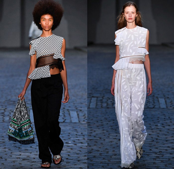 lala Berlin 2017 Spring Summer Womens Runway Catwalk Looks - Copenhagen Fashion Week Denmark CPHFW - Patchwork Fringes Frayed Raw Hem Sleeveless Skirt Frock Chunky Knit Weave Cross Stitch Crochet Sandals Culottes Gauchos Wide Leg Palazzo Pants Shorts Sweater Jumper Crop Top Midriff Asymmetrical Mesh Lace Ruffles Noodle Spaghetti Strap Tiered Maxi Dress Shirtdress Leaves Foliage Flowers Floral Cutout Open Cold Shoulders Steel Pattern V-Neck Elongated Sleeves