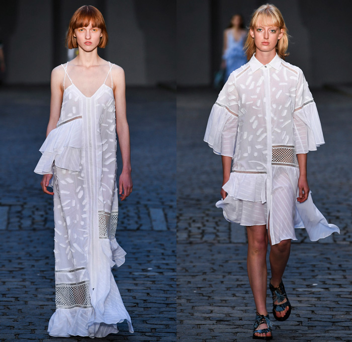 lala Berlin 2017 Spring Summer Womens Runway Catwalk Looks - Copenhagen Fashion Week Denmark CPHFW - Patchwork Fringes Frayed Raw Hem Sleeveless Skirt Frock Chunky Knit Weave Cross Stitch Crochet Sandals Culottes Gauchos Wide Leg Palazzo Pants Shorts Sweater Jumper Crop Top Midriff Asymmetrical Mesh Lace Ruffles Noodle Spaghetti Strap Tiered Maxi Dress Shirtdress Leaves Foliage Flowers Floral Cutout Open Cold Shoulders Steel Pattern V-Neck Elongated Sleeves