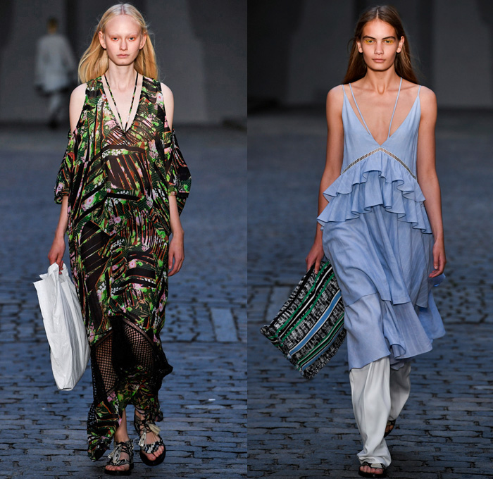 lala Berlin 2017 Spring Summer Womens Runway Catwalk Looks - Copenhagen Fashion Week Denmark CPHFW - Patchwork Fringes Frayed Raw Hem Sleeveless Skirt Frock Chunky Knit Weave Cross Stitch Crochet Sandals Culottes Gauchos Wide Leg Palazzo Pants Shorts Sweater Jumper Crop Top Midriff Asymmetrical Mesh Lace Ruffles Noodle Spaghetti Strap Tiered Maxi Dress Shirtdress Leaves Foliage Flowers Floral Cutout Open Cold Shoulders Steel Pattern V-Neck Elongated Sleeves