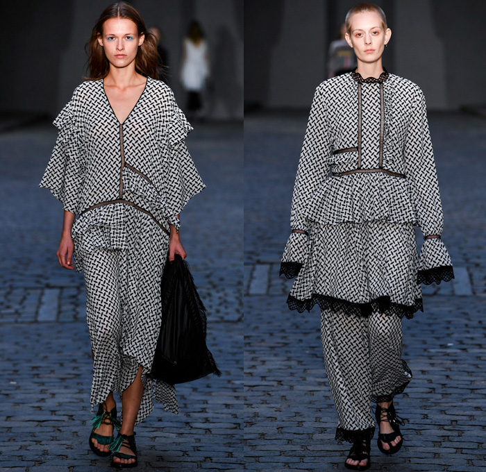 lala Berlin 2017 Spring Summer Womens Runway Catwalk Looks - Copenhagen Fashion Week Denmark CPHFW - Patchwork Fringes Frayed Raw Hem Sleeveless Skirt Frock Chunky Knit Weave Cross Stitch Crochet Sandals Culottes Gauchos Wide Leg Palazzo Pants Shorts Sweater Jumper Crop Top Midriff Asymmetrical Mesh Lace Ruffles Noodle Spaghetti Strap Tiered Maxi Dress Shirtdress Leaves Foliage Flowers Floral Cutout Open Cold Shoulders Steel Pattern V-Neck Elongated Sleeves