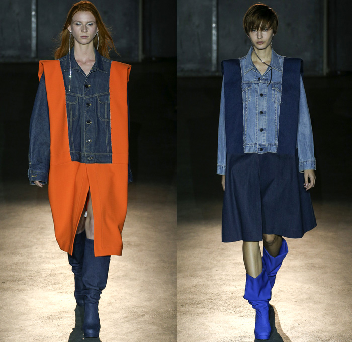 Lutz Huelle 2017 Spring Summer Womens Runway Catwalk Looks - Mode à Paris Fashion Week Mode Féminin France - Denim Jeans Mix Combo Panels Deconstructed Outerwear Coat Skirt Frock Maxi Dress Pants Trousers Kimono Robe Wrap Coatdress Jacketdress Lace Camouflage Knitwear Ribbed Sheer Chiffon Belted Waist Snap Buttons Tearaway One Shoulder Elongated Sleeves Blouse Noodle Spaghetti Strap String Earrings Contrast Stitching