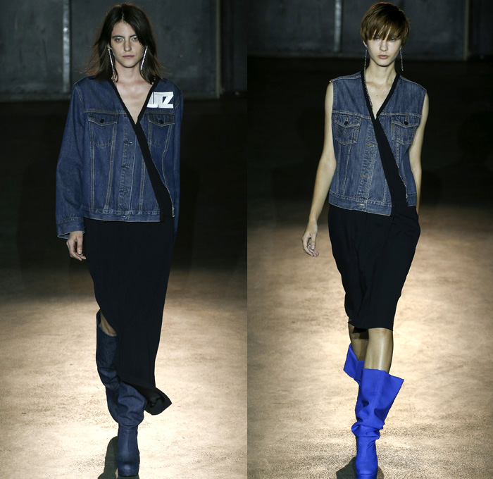 Lutz Huelle 2017 Spring Summer Womens Runway Catwalk Looks - Mode à Paris Fashion Week Mode Féminin France - Denim Jeans Mix Combo Panels Deconstructed Outerwear Coat Skirt Frock Maxi Dress Pants Trousers Kimono Robe Wrap Coatdress Jacketdress Lace Camouflage Knitwear Ribbed Sheer Chiffon Belted Waist Snap Buttons Tearaway One Shoulder Elongated Sleeves Blouse Noodle Spaghetti Strap String Earrings Contrast Stitching