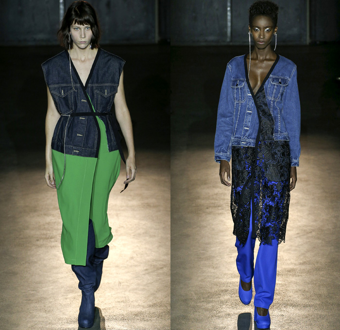 Lutz Huelle 2017 Spring Summer Womens Runway Catwalk Looks - Mode à Paris Fashion Week Mode Féminin France - Denim Jeans Mix Combo Panels Deconstructed Outerwear Coat Skirt Frock Maxi Dress Pants Trousers Kimono Robe Wrap Coatdress Jacketdress Lace Camouflage Knitwear Ribbed Sheer Chiffon Belted Waist Snap Buttons Tearaway One Shoulder Elongated Sleeves Blouse Noodle Spaghetti Strap String Earrings Contrast Stitching