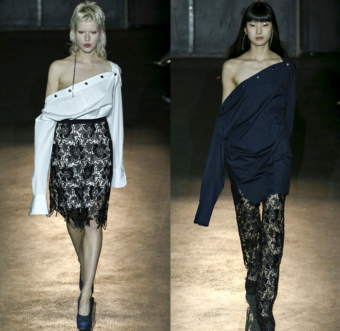 Lutz Huelle 2017 Spring Summer Womens Runway Catwalk Looks - Mode à Paris Fashion Week Mode Féminin France - Denim Jeans Mix Combo Panels Deconstructed Outerwear Coat Skirt Frock Maxi Dress Pants Trousers Kimono Robe Wrap Coatdress Jacketdress Lace Camouflage Knitwear Ribbed Sheer Chiffon Belted Waist Snap Buttons Tearaway One Shoulder Elongated Sleeves Blouse Noodle Spaghetti Strap String Earrings Contrast Stitching