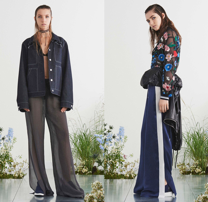 Markus Lupfer 2017 Spring Summer Womens Lookbook Presentation - London Fashion Week Collections British Fashion Council UK United Kingdom - Bunny Hare Rabbit Animal Cat Pet Raw Dry Selvedge Denim Jeans Coveralls Dungarees Wildflowers Flowers Floral Nylon Chain Print Embroidery Bedazzled Mesh Fishnet Socks D-ring Blouse Long Sleeve Shirt Wide Leg Trousers Palazzo Pants Polka Dots Tuxedo Stripe Sheer Chiffon Cardigan Knit Ruffles Dress Fringes Anorak Bomber Jacket Sweater Jumper Shorts Dolphin Hem Coat Accordion Pleats Asymmetrical Choker Necklace Apple Sunglasses Apple Slip-ons