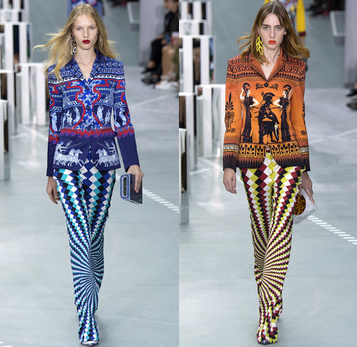 Mary Katrantzou 2017 Spring Summer Womens Runway Catwalk Looks - London Fashion Week Collections UK United Kingdom - Ancient Greece Knossos Crete Minoan Civilization Priestess Goddess Mural Paintings Artifacts Bronze Age Horses Chariot Soldiers Meandros Grecian Key Fret Doves Peace Olive Branch Swirl Hypnotic 1970s Seventies Psychedelic 1960s Sixties Rock N Roll Geometric Art Ornaments Bootcut Pantsuit Jacket Blazer Dress Ruffles Embroidery Bedazzled Sequins Paillettes Knit Pencil Skirt Turtleneck Silk Sheer Chiffon Tiered Purse Letters Handbag AB Clutches
