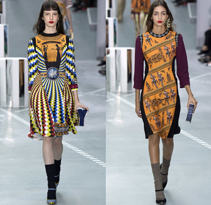 Mary Katrantzou 2017 Spring Summer Womens Runway Catwalk Looks - London Fashion Week Collections UK United Kingdom - Ancient Greece Knossos Crete Minoan Civilization Priestess Goddess Mural Paintings Artifacts Bronze Age Horses Chariot Soldiers Meandros Grecian Key Fret Doves Peace Olive Branch Swirl Hypnotic 1970s Seventies Psychedelic 1960s Sixties Rock N Roll Geometric Art Ornaments Bootcut Pantsuit Jacket Blazer Dress Ruffles Embroidery Bedazzled Sequins Paillettes Knit Pencil Skirt Turtleneck Silk Sheer Chiffon Tiered Purse Letters Handbag AB Clutches