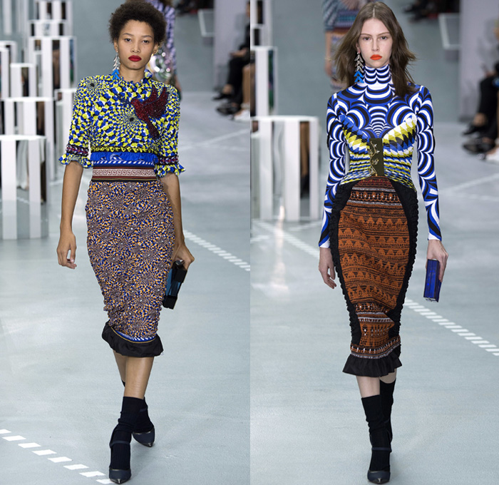 Mary Katrantzou 2017 Spring Summer Womens Runway Catwalk Looks - London Fashion Week Collections UK United Kingdom - Ancient Greece Knossos Crete Minoan Civilization Priestess Goddess Mural Paintings Artifacts Bronze Age Horses Chariot Soldiers Meandros Grecian Key Fret Doves Peace Olive Branch Swirl Hypnotic 1970s Seventies Psychedelic 1960s Sixties Rock N Roll Geometric Art Ornaments Bootcut Pantsuit Jacket Blazer Dress Ruffles Embroidery Bedazzled Sequins Paillettes Knit Pencil Skirt Turtleneck Silk Sheer Chiffon Tiered Purse Letters Handbag AB Clutches