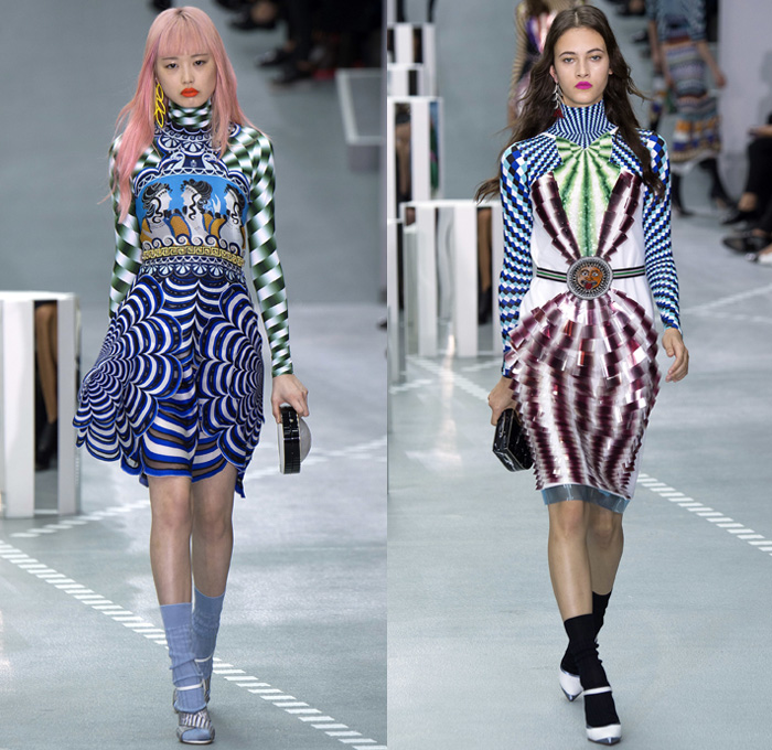 Mary Katrantzou 2017 Spring Summer Womens Runway Catwalk Looks - London Fashion Week Collections UK United Kingdom - Ancient Greece Knossos Crete Minoan Civilization Priestess Goddess Mural Paintings Artifacts Bronze Age Horses Chariot Soldiers Meandros Grecian Key Fret Doves Peace Olive Branch Swirl Hypnotic 1970s Seventies Psychedelic 1960s Sixties Rock N Roll Geometric Art Ornaments Bootcut Pantsuit Jacket Blazer Dress Ruffles Embroidery Bedazzled Sequins Paillettes Knit Pencil Skirt Turtleneck Silk Sheer Chiffon Tiered Purse Letters Handbag AB Clutches