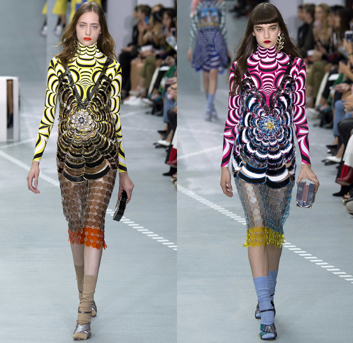 Mary Katrantzou 2017 Spring Summer Womens Runway Catwalk Looks - London Fashion Week Collections UK United Kingdom - Ancient Greece Knossos Crete Minoan Civilization Priestess Goddess Mural Paintings Artifacts Bronze Age Horses Chariot Soldiers Meandros Grecian Key Fret Doves Peace Olive Branch Swirl Hypnotic 1970s Seventies Psychedelic 1960s Sixties Rock N Roll Geometric Art Ornaments Bootcut Pantsuit Jacket Blazer Dress Ruffles Embroidery Bedazzled Sequins Paillettes Knit Pencil Skirt Turtleneck Silk Sheer Chiffon Tiered Purse Letters Handbag AB Clutches