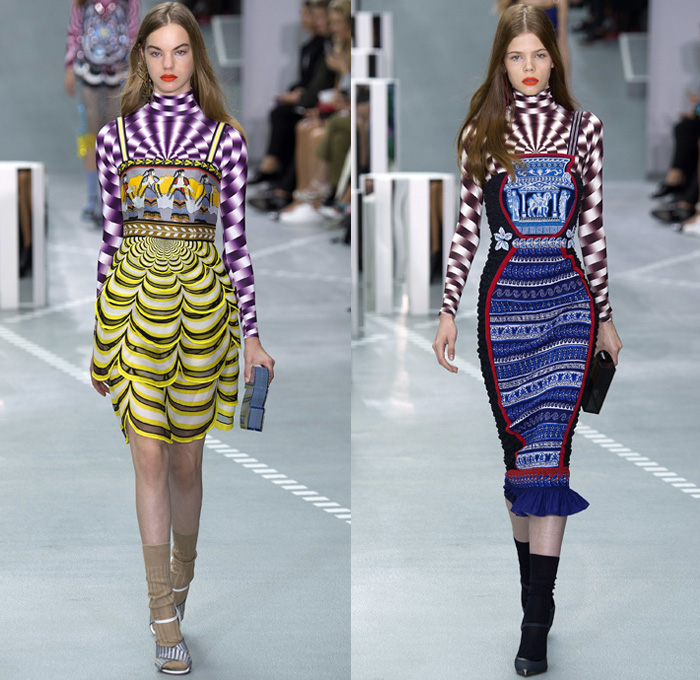 Mary Katrantzou 2017 Spring Summer Womens Runway Catwalk Looks - London Fashion Week Collections UK United Kingdom - Ancient Greece Knossos Crete Minoan Civilization Priestess Goddess Mural Paintings Artifacts Bronze Age Horses Chariot Soldiers Meandros Grecian Key Fret Doves Peace Olive Branch Swirl Hypnotic 1970s Seventies Psychedelic 1960s Sixties Rock N Roll Geometric Art Ornaments Bootcut Pantsuit Jacket Blazer Dress Ruffles Embroidery Bedazzled Sequins Paillettes Knit Pencil Skirt Turtleneck Silk Sheer Chiffon Tiered Purse Letters Handbag AB Clutches