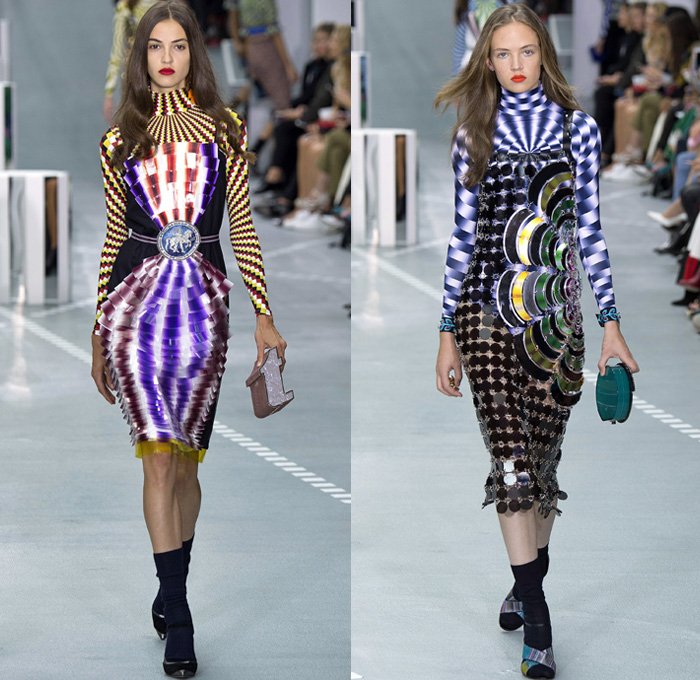 Mary Katrantzou 2017 Spring Summer Womens Runway Catwalk Looks - London Fashion Week Collections UK United Kingdom - Ancient Greece Knossos Crete Minoan Civilization Priestess Goddess Mural Paintings Artifacts Bronze Age Horses Chariot Soldiers Meandros Grecian Key Fret Doves Peace Olive Branch Swirl Hypnotic 1970s Seventies Psychedelic 1960s Sixties Rock N Roll Geometric Art Ornaments Bootcut Pantsuit Jacket Blazer Dress Ruffles Embroidery Bedazzled Sequins Paillettes Knit Pencil Skirt Turtleneck Silk Sheer Chiffon Tiered Purse Letters Handbag AB Clutches