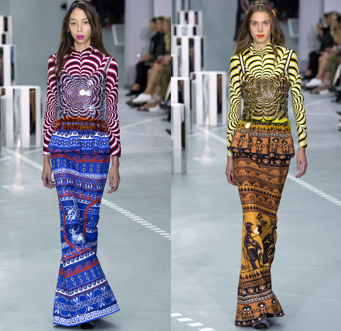 Mary Katrantzou 2017 Spring Summer Womens Runway Catwalk Looks - London Fashion Week Collections UK United Kingdom - Ancient Greece Knossos Crete Minoan Civilization Priestess Goddess Mural Paintings Artifacts Bronze Age Horses Chariot Soldiers Meandros Grecian Key Fret Doves Peace Olive Branch Swirl Hypnotic 1970s Seventies Psychedelic 1960s Sixties Rock N Roll Geometric Art Ornaments Bootcut Pantsuit Jacket Blazer Dress Ruffles Embroidery Bedazzled Sequins Paillettes Knit Pencil Skirt Turtleneck Silk Sheer Chiffon Tiered Purse Letters Handbag AB Clutches