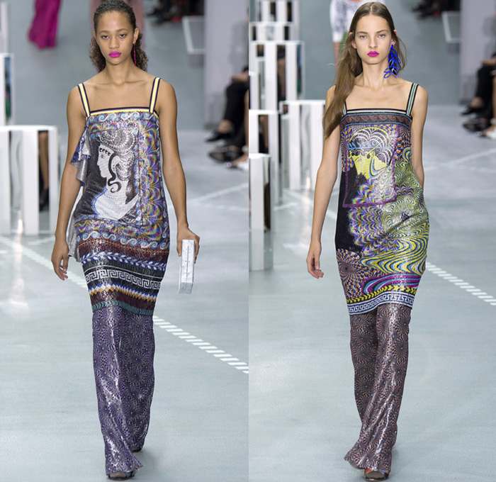 Mary Katrantzou 2017 Spring Summer Womens Runway Catwalk Looks - London Fashion Week Collections UK United Kingdom - Ancient Greece Knossos Crete Minoan Civilization Priestess Goddess Mural Paintings Artifacts Bronze Age Horses Chariot Soldiers Meandros Grecian Key Fret Doves Peace Olive Branch Swirl Hypnotic 1970s Seventies Psychedelic 1960s Sixties Rock N Roll Geometric Art Ornaments Bootcut Pantsuit Jacket Blazer Dress Ruffles Embroidery Bedazzled Sequins Paillettes Knit Pencil Skirt Turtleneck Silk Sheer Chiffon Tiered Purse Letters Handbag AB Clutches