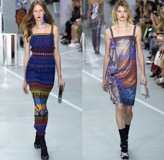 Mary Katrantzou 2017 Spring Summer Womens Runway Catwalk Looks - London Fashion Week Collections UK United Kingdom - Ancient Greece Knossos Crete Minoan Civilization Priestess Goddess Mural Paintings Artifacts Bronze Age Horses Chariot Soldiers Meandros Grecian Key Fret Doves Peace Olive Branch Swirl Hypnotic 1970s Seventies Psychedelic 1960s Sixties Rock N Roll Geometric Art Ornaments Bootcut Pantsuit Jacket Blazer Dress Ruffles Embroidery Bedazzled Sequins Paillettes Knit Pencil Skirt Turtleneck Silk Sheer Chiffon Tiered Purse Letters Handbag AB Clutches