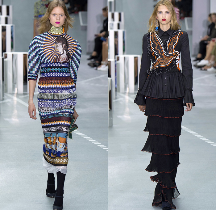 Mary Katrantzou 2017 Spring Summer Womens Runway Catwalk Looks - London Fashion Week Collections UK United Kingdom - Ancient Greece Knossos Crete Minoan Civilization Priestess Goddess Mural Paintings Artifacts Bronze Age Horses Chariot Soldiers Meandros Grecian Key Fret Doves Peace Olive Branch Swirl Hypnotic 1970s Seventies Psychedelic 1960s Sixties Rock N Roll Geometric Art Ornaments Bootcut Pantsuit Jacket Blazer Dress Ruffles Embroidery Bedazzled Sequins Paillettes Knit Pencil Skirt Turtleneck Silk Sheer Chiffon Tiered Purse Letters Handbag AB Clutches