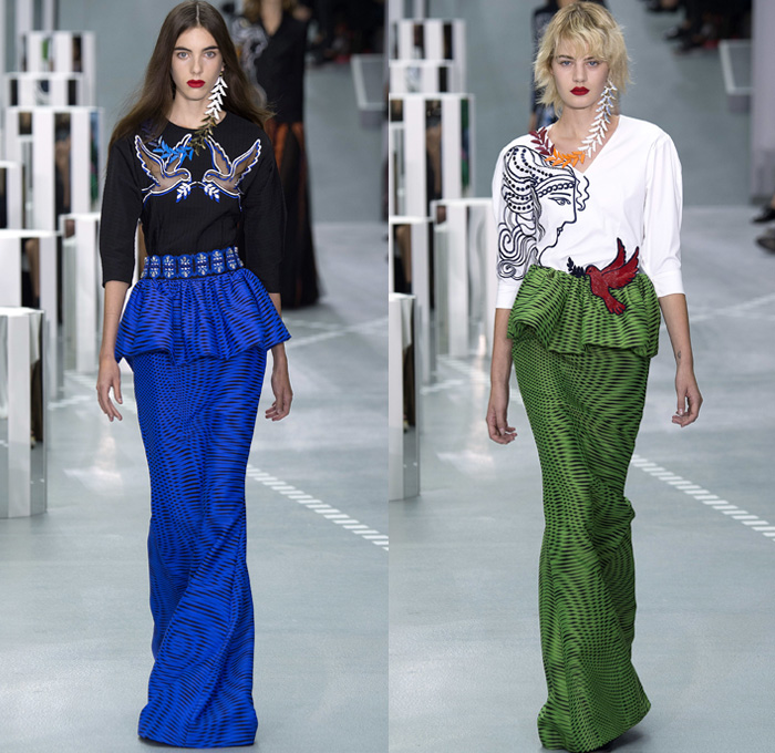 Mary Katrantzou 2017 Spring Summer Womens Runway Catwalk Looks - London Fashion Week Collections UK United Kingdom - Ancient Greece Knossos Crete Minoan Civilization Priestess Goddess Mural Paintings Artifacts Bronze Age Horses Chariot Soldiers Meandros Grecian Key Fret Doves Peace Olive Branch Swirl Hypnotic 1970s Seventies Psychedelic 1960s Sixties Rock N Roll Geometric Art Ornaments Bootcut Pantsuit Jacket Blazer Dress Ruffles Embroidery Bedazzled Sequins Paillettes Knit Pencil Skirt Turtleneck Silk Sheer Chiffon Tiered Purse Letters Handbag AB Clutches