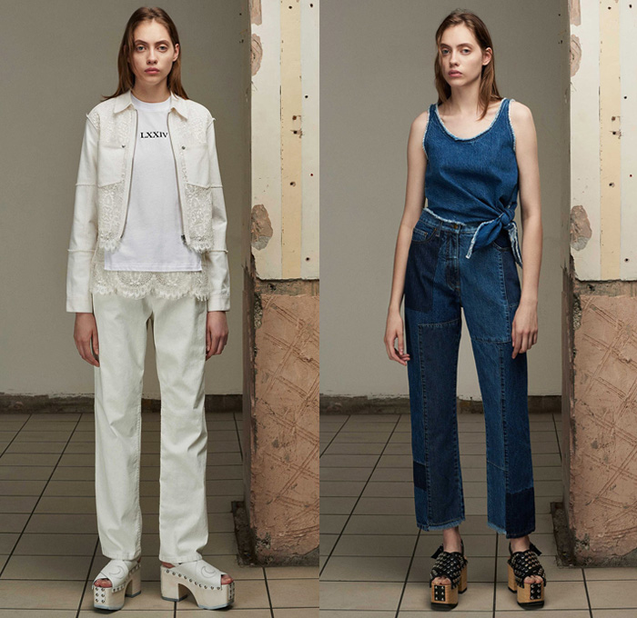 McQ Alexander McQueen 2017 Spring Summer Womens Lookbook Presentation - New York Fashion Week - Punk Denim Jeans Rabbit Hand Gesture Suede White Ensemble Lace Embroidery Mesh Fishnet Stockings Tights Bootcut Jacket Cargo Pockets Hooded Sweatshirt Flowers Floral Brocade Jacquard Cloqué Sheer Chiffon Tulle Maxi Dress Noodle Spaghetti Strap Stripes Pussy Bow Polka Dots Ruffles Metallic Silver Studs Platform Shoes Gladiator Heels Clogs Cut Offs Shorts Crossbody Bag