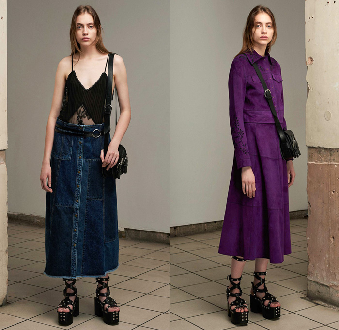 McQ Alexander McQueen 2017 Spring Summer Womens Lookbook Presentation - New York Fashion Week - Punk Denim Jeans Rabbit Hand Gesture Suede White Ensemble Lace Embroidery Mesh Fishnet Stockings Tights Bootcut Jacket Cargo Pockets Hooded Sweatshirt Flowers Floral Brocade Jacquard Cloqué Sheer Chiffon Tulle Maxi Dress Noodle Spaghetti Strap Stripes Pussy Bow Polka Dots Ruffles Metallic Silver Studs Platform Shoes Gladiator Heels Clogs Cut Offs Shorts Crossbody Bag