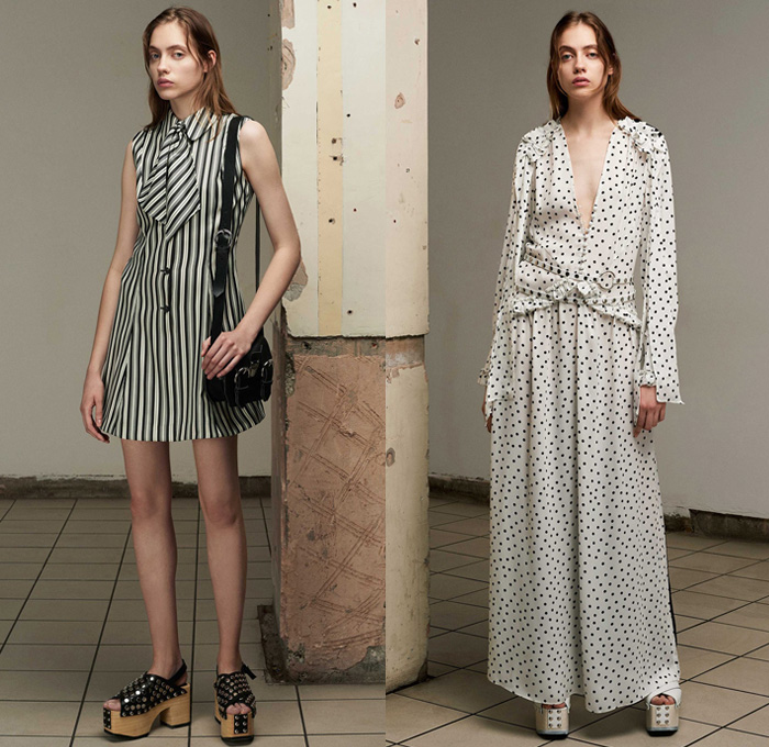 McQ Alexander McQueen 2017 Spring Summer Womens Lookbook Presentation - New York Fashion Week - Punk Denim Jeans Rabbit Hand Gesture Suede White Ensemble Lace Embroidery Mesh Fishnet Stockings Tights Bootcut Jacket Cargo Pockets Hooded Sweatshirt Flowers Floral Brocade Jacquard Cloqué Sheer Chiffon Tulle Maxi Dress Noodle Spaghetti Strap Stripes Pussy Bow Polka Dots Ruffles Metallic Silver Studs Platform Shoes Gladiator Heels Clogs Cut Offs Shorts Crossbody Bag