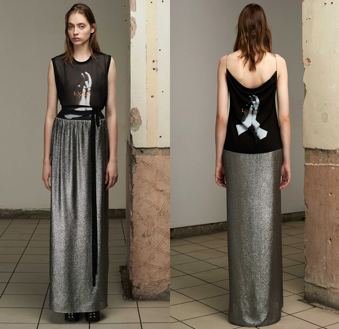 McQ Alexander McQueen 2017 Spring Summer Womens Lookbook Presentation - New York Fashion Week - Punk Denim Jeans Rabbit Hand Gesture Suede White Ensemble Lace Embroidery Mesh Fishnet Stockings Tights Bootcut Jacket Cargo Pockets Hooded Sweatshirt Flowers Floral Brocade Jacquard Cloqué Sheer Chiffon Tulle Maxi Dress Noodle Spaghetti Strap Stripes Pussy Bow Polka Dots Ruffles Metallic Silver Studs Platform Shoes Gladiator Heels Clogs Cut Offs Shorts Crossbody Bag