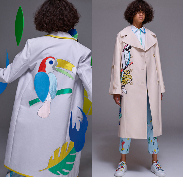 Mira Mikati 2017 Spring Summer Womens Lookbook Presentation - Mode à Paris Fashion Week Mode Féminin France - Denim Jeans Cutoffs Shorts Pop Art Beach Drawings Doodles Cartoon Parrot Toucan Fruits Flowers Floral Daisies Leaves Foliage Stars Bedazzled Sequins Pearls Silk Satin Trench Coat Sleepwear Pajamas Lounge Stripes Robe Motorcycle Biker Leather Bomber Jacket Cutout Wide Leg Trousers Palazzo Pants Strapless Knit Crochet Swimwear Bikini