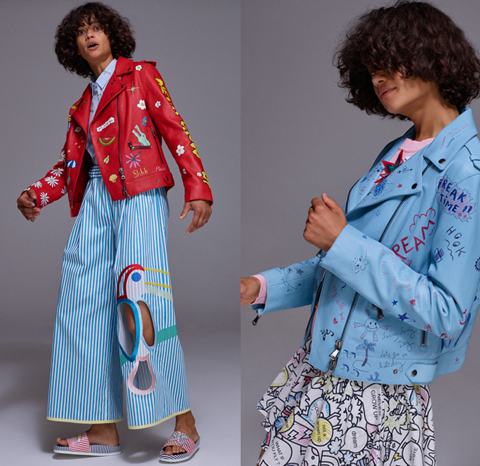 Mira Mikati 2017 Spring Summer Womens Lookbook Presentation - Mode à Paris Fashion Week Mode Féminin France - Denim Jeans Cutoffs Shorts Pop Art Beach Drawings Doodles Cartoon Parrot Toucan Fruits Flowers Floral Daisies Leaves Foliage Stars Bedazzled Sequins Pearls Silk Satin Trench Coat Sleepwear Pajamas Lounge Stripes Robe Motorcycle Biker Leather Bomber Jacket Cutout Wide Leg Trousers Palazzo Pants Strapless Knit Crochet Swimwear Bikini